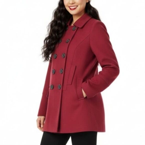 Merona Maroon Red Wool Double-Breasted Lined Winter Blazer Pea Coat Pockets Sz M - Picture 2 of 10